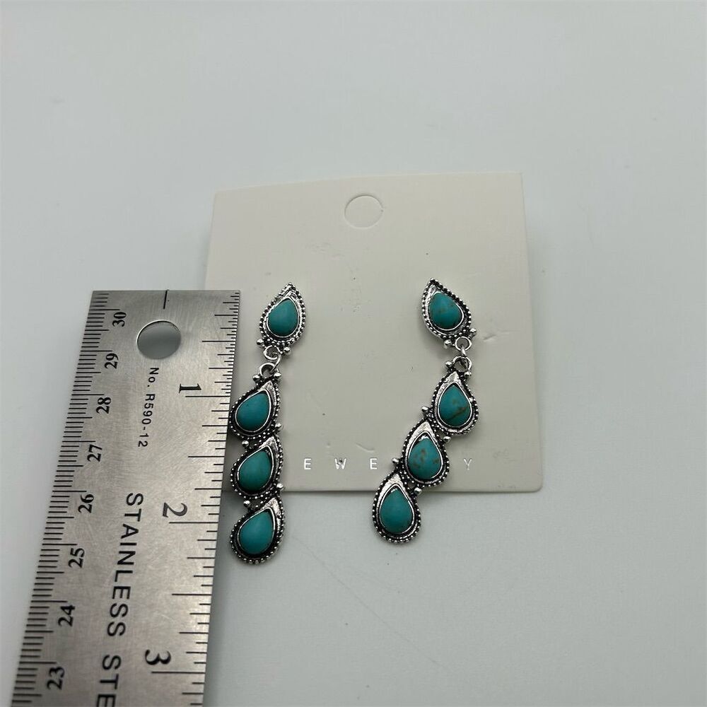 Boho Southwestern Faux Turquoise Teardrop Stud Dangle Long Earrings - Picture 4 of 5
